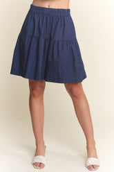 ADORA Elastic Waist Wide Leg Denim Shorts Dark Navy OutfitFlow